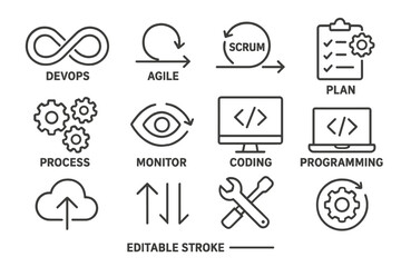 Conceptual design elements showcasing devops, agile methodologies, and programming tools for software development
