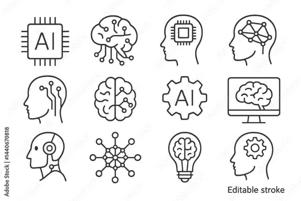Poster illustration of artificial intelligence symbols showcasing technology concepts and brain functions i