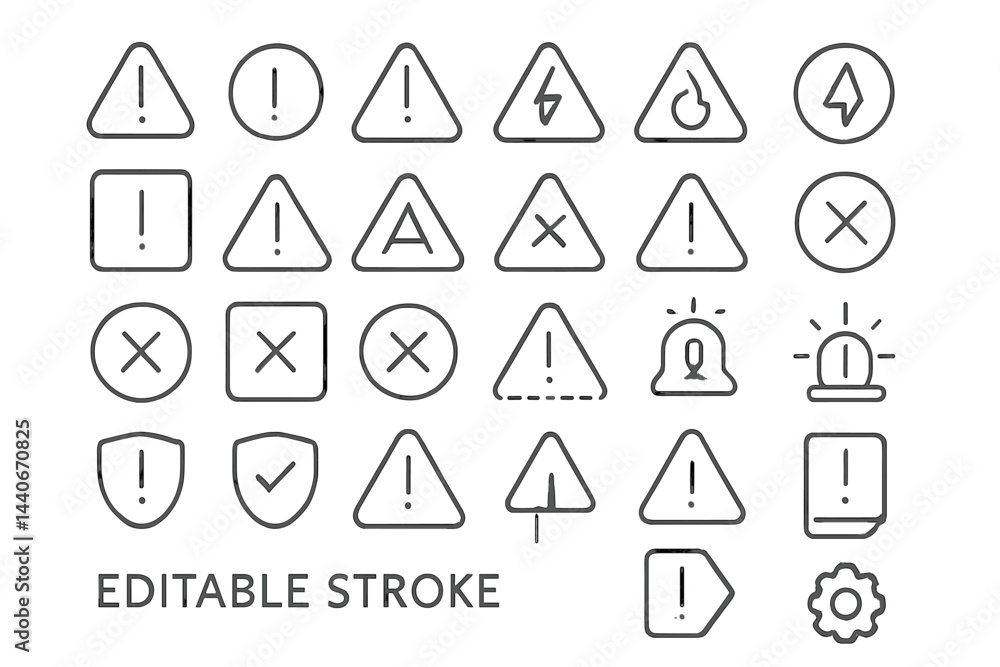 Poster collection of warning and alert icons in various shapes and designs for graphic use