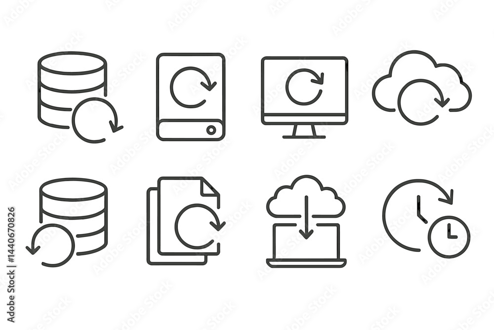 Poster backup and data recovery symbols illustrating cloud storage and synchronization processes