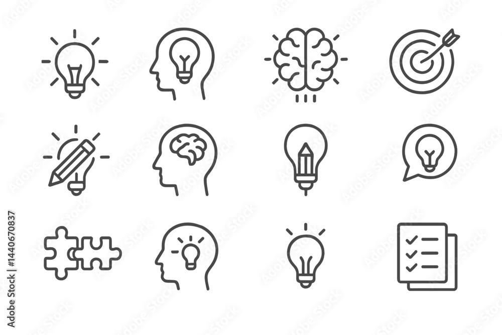 Poster illustrations of creativity and problem-solving concepts represented through light bulbs, brains, an