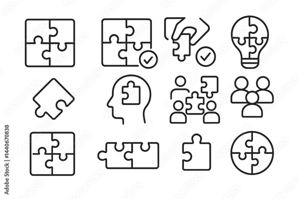Poster collection of puzzle pieces illustrating problem solving, teamwork, and creativity in a minimalistic