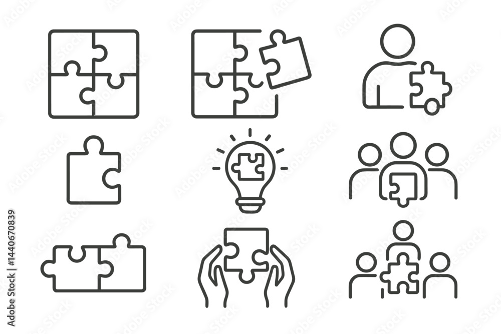 Poster collaborative puzzle solving concepts featuring individuals and groups engaging with puzzle pieces i