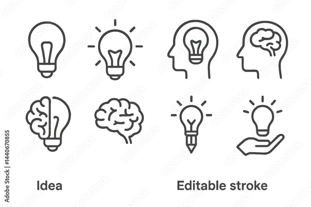 Poster light bulb icons representing creativity and ideas in various styles and outlines, emphasizing innov