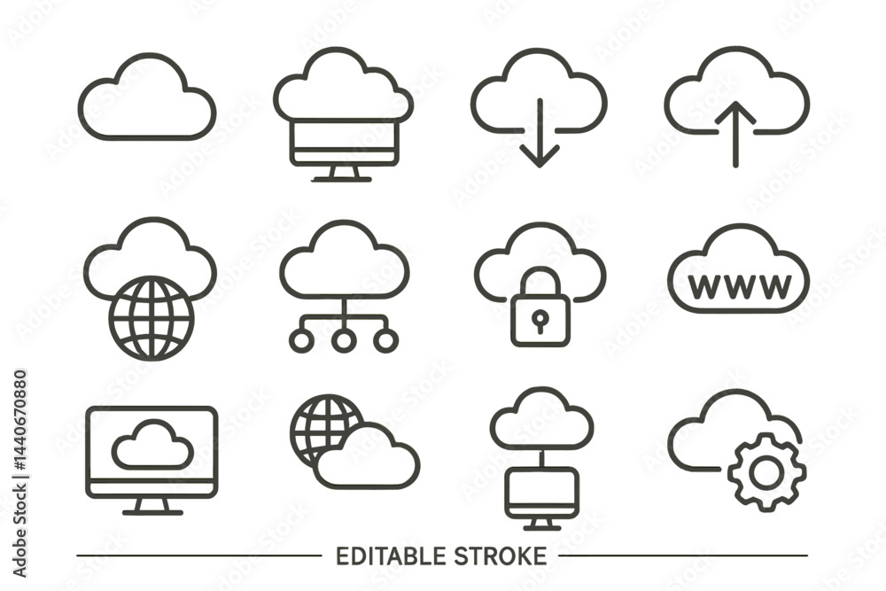Poster cloud computing icons illustrating various online services and functionalities in a simple, modern s