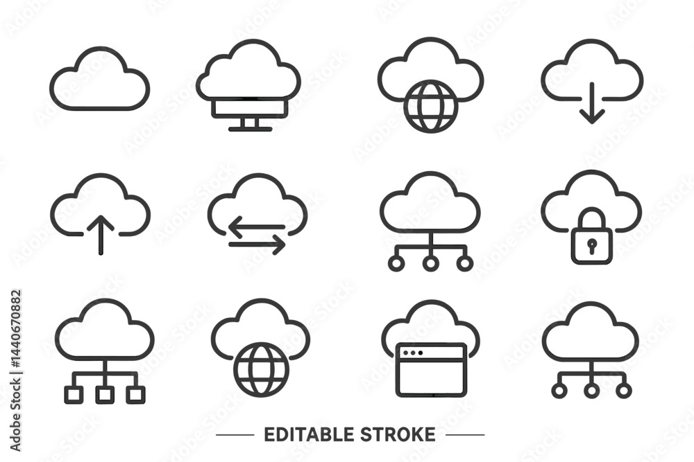 Poster cloud computing icons depicting various functions and features for digital services and data managem