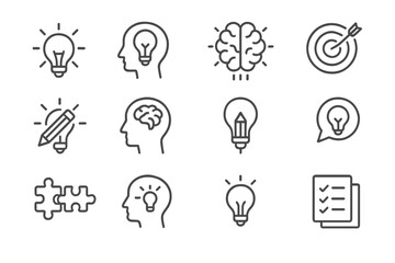 Illustrations of creativity and problem-solving concepts represented through light bulbs, brains, and brainstorming activities