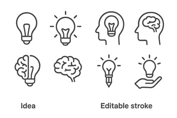 Light bulb icons representing creativity and ideas in various styles and outlines, emphasizing innovation and brain function