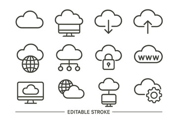 Cloud computing icons illustrating various online services and functionalities in a simple, modern style