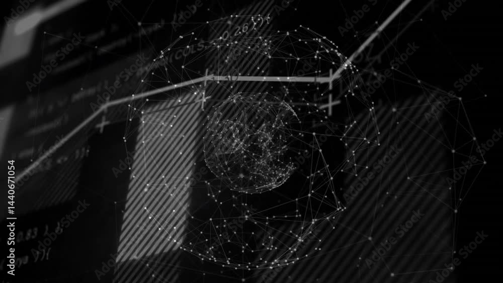 Poster abstract spherical network being animated in 3d render, with code fragments and mesh structures