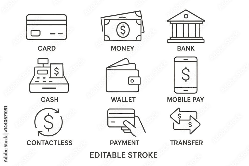 Poster different payment methods and financial symbols shown through simple line illustrations in a bank an