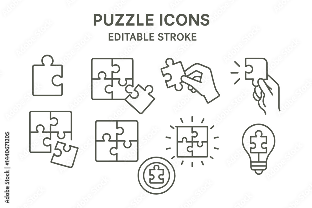 Poster creative puzzle icons showcasing various designs and interactions for visual communication and probl
