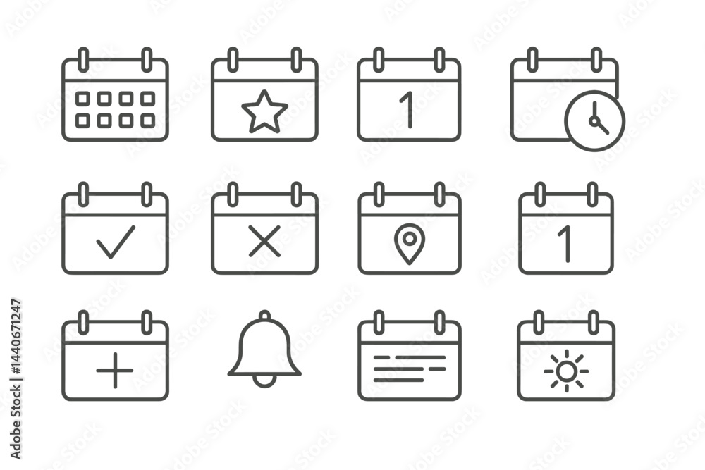 Poster collection of calendar icons representing various events and activities with a minimalist design sui