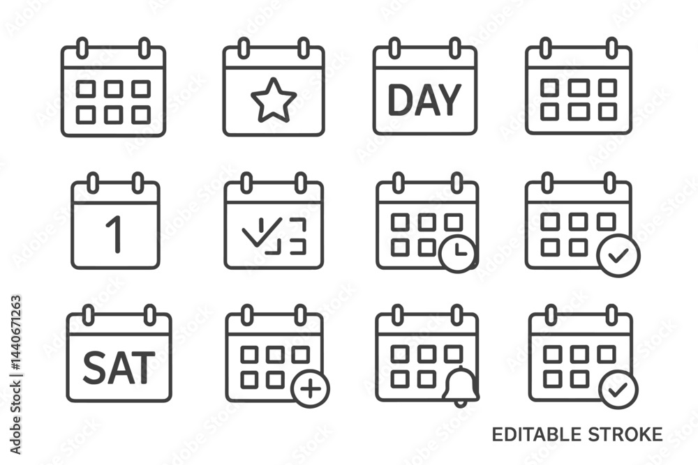 Poster calendar icons representing various days and activities in a clean design suitable for planning and 