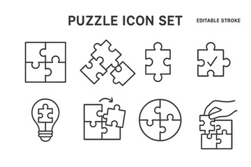 Unique puzzle icons depicting various arrangements and interactions with pieces and a light bulb representation