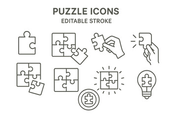 Creative puzzle icons showcasing various designs and interactions for visual communication and problem-solving concepts