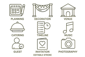 Event planning essentials with icons representing key components for an organized celebration