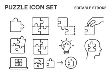 Collection of puzzle icons featuring various arrangements and piece placements for creative projects and design