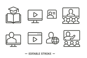 Icons representing online education elements such as graduation, video lectures, and virtual classrooms