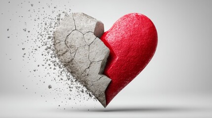 Cracked half-stone half-red heart symbolizing fragility and resilience