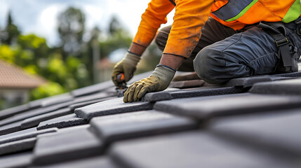 Roofing Contractor Installing Tiles on a Residential Roof