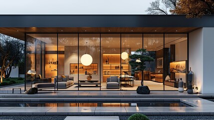 Modern boutique storefront featuring floor-to-ceiling windows and a minimalist interior design, at dusk with warm interior lights 