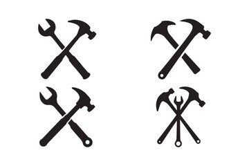 Crossed Tools Silhouette Vector Art Hammer and Wrench Icon Clipart Set