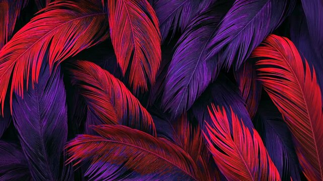 Abstract pattern of vibrant red and purple feathers creating depth and texture
