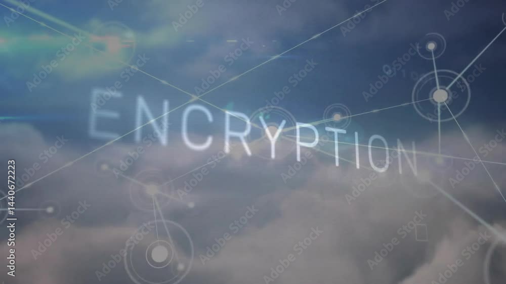 Poster Encryption floating over cloudy sky, showing glowing node icons connecting through thin lines