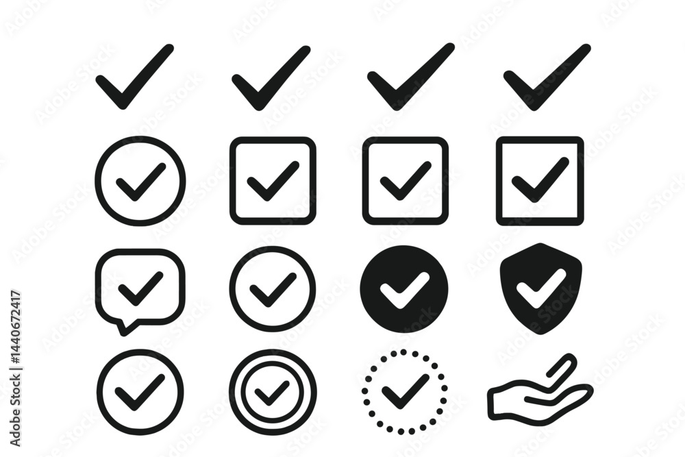 Poster collection of check mark icons in various designs for digital and print usage across different conte