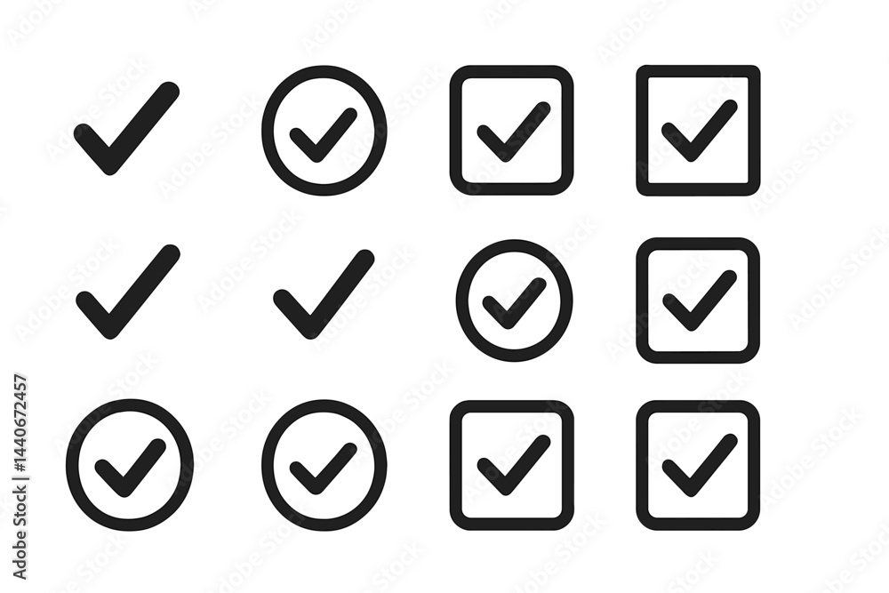 Poster different designs of checkmarks and checkboxes arranged in a grid pattern showcasing various styles 
