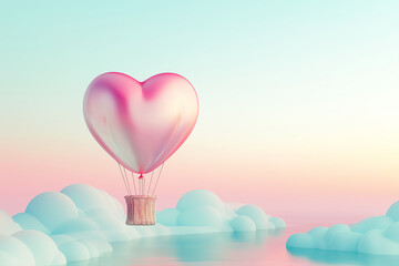 A balloon in the shape of a heart floating in the sky, drifting among the clouds, bringing joy and optimism.