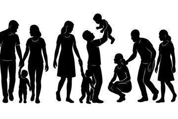 Family connections illustrated through silhouettes depicting different stages of growth and interaction in a playful manner
