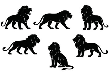 Various poses of lions showcased in silhouette form for artistic or design purposes