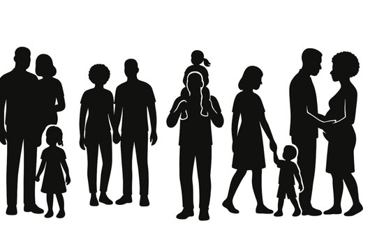 Diverse group of silhouettes representing families and relationships gathered together in a social setting during daytime