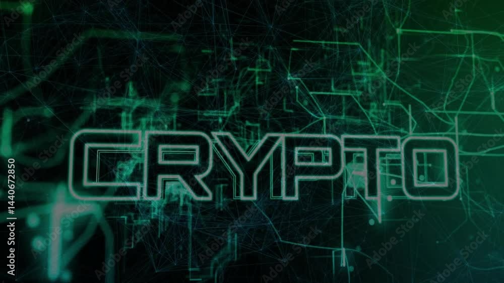 Poster crypto text being animated over dark circuit network with neon-green lines and nodes in flat design