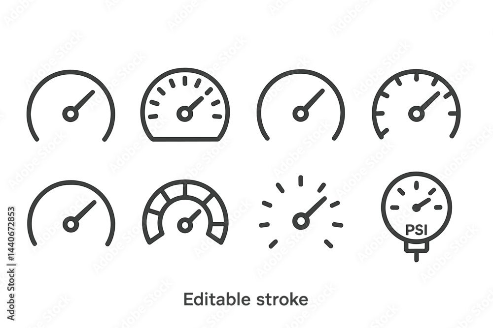Poster collection of simple gauge icons representing various measurement types in flat design style