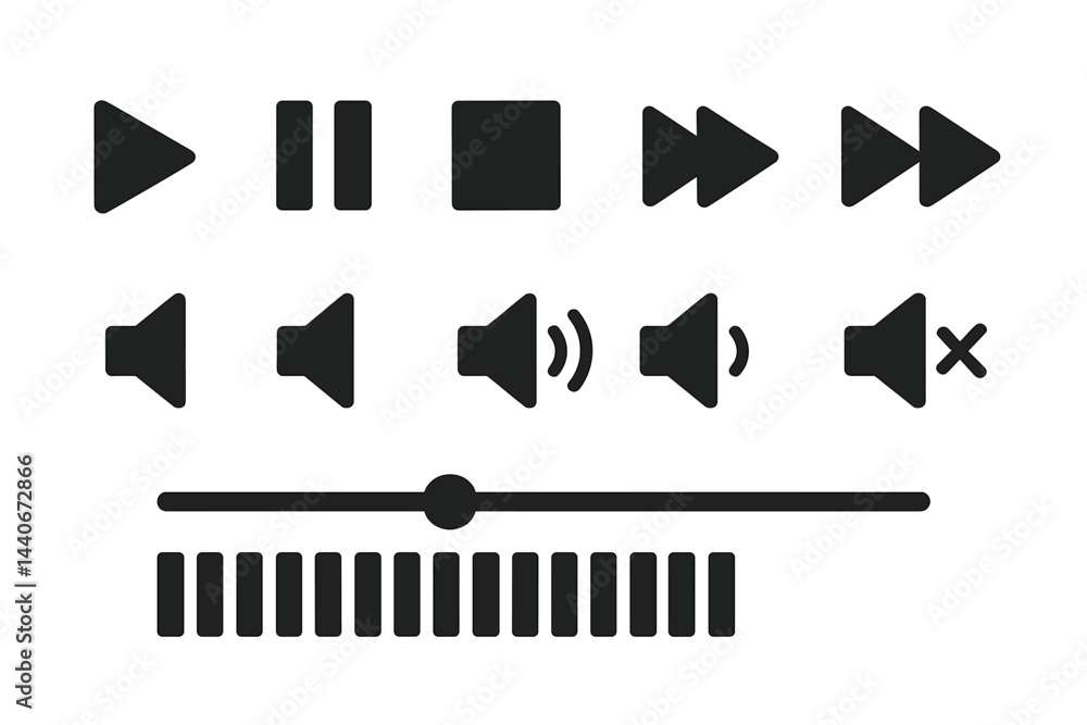 Poster media control icons arranged in various directions illustrating audio and video navigation options