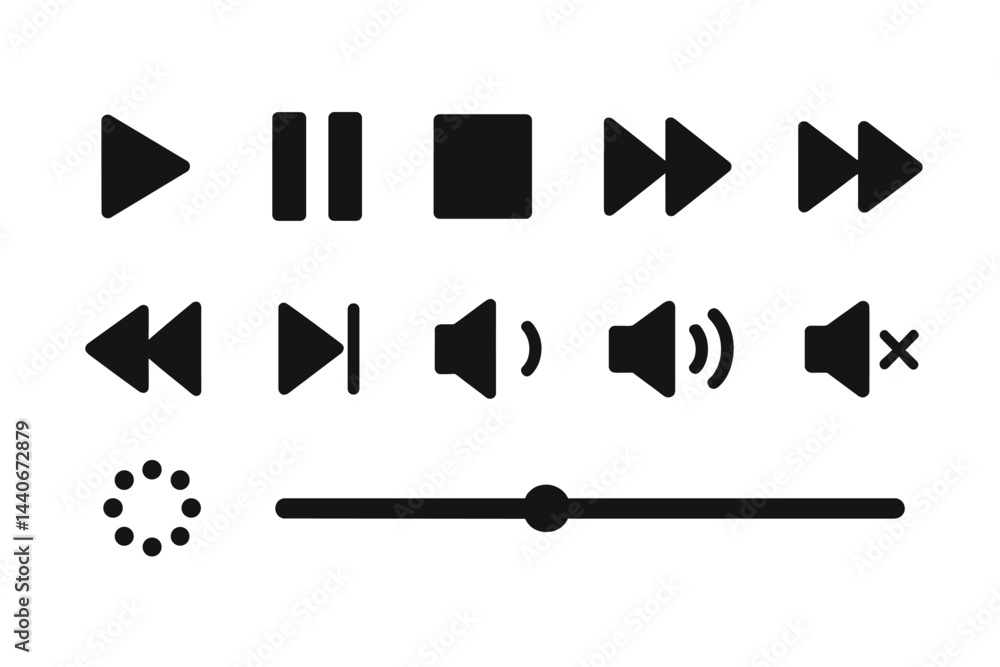 Poster essential media control icons for user interface design and functionality