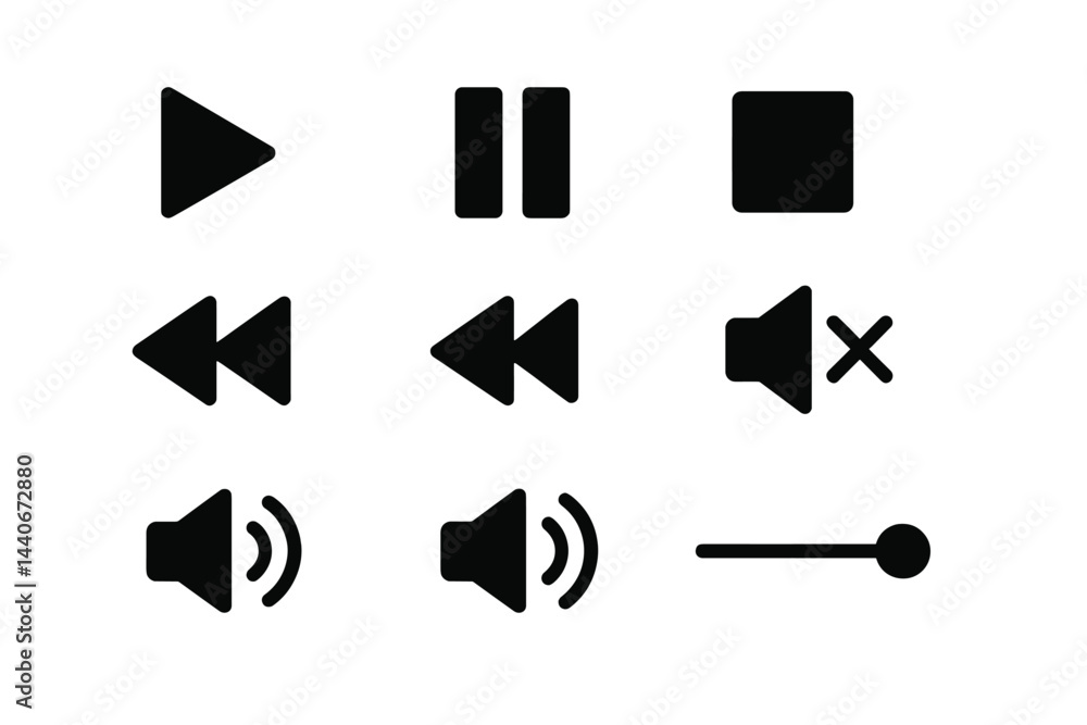 Poster collection of media control icons displaying various functions in a simplistic black design on a whi