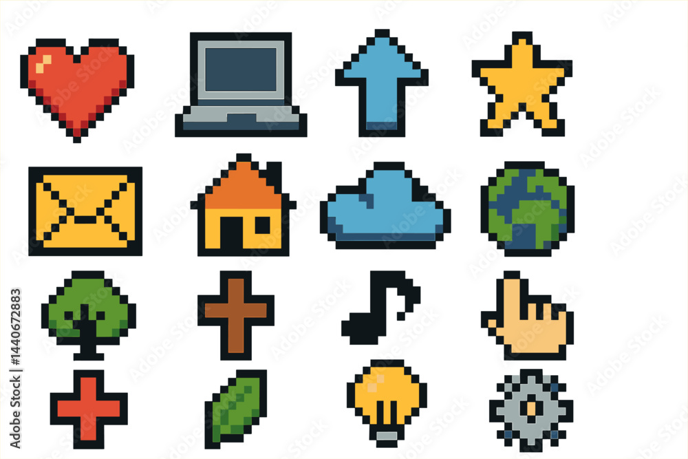 Poster collection of colorful pixel icons representing various digital activities and concepts displayed on