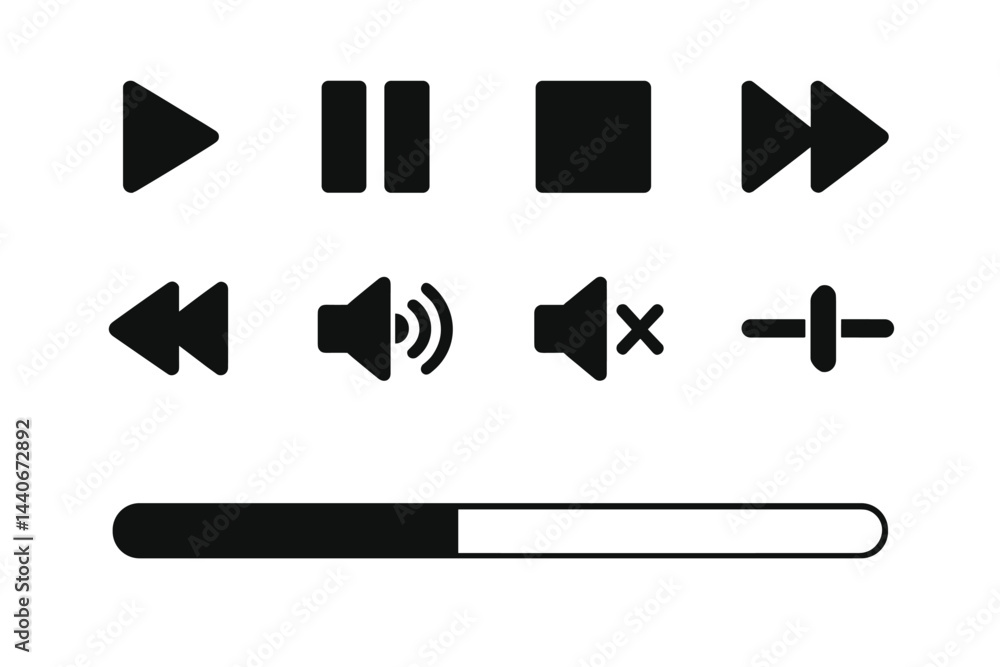 Poster media control icons displayed in a simple layout on a plain background for user interface design ref