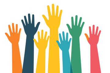 Colorful raised hands symbolizing unity, support, and participation in a community event or social movement
