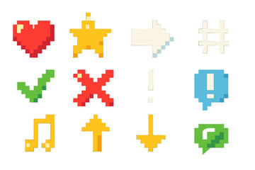 Colorful pixel icons representing various emotions, actions, and symbols on a simple background showcasing digital art