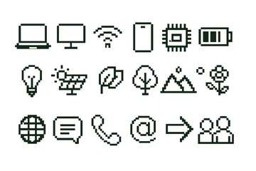 Collection of digital icons representing technology, nature, and communication elements in a minimalist design