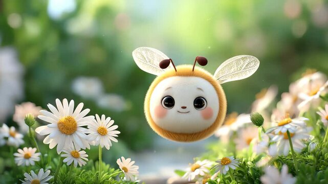 Cute bee character flying over blooming flowers, bringing the charm of a cute bee character into a spring meadow, where the joy of a cute bee character lights up the garden with happiness.

