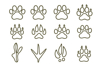 Various animal track illustrations showcasing different paw prints and claws in a simple layout on a white background