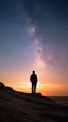 Fototapeta premium Silhouette of person gazing at night sky with milky way, desert landscape. Possible use stock photo for posters, calendars, or nature/travel prints