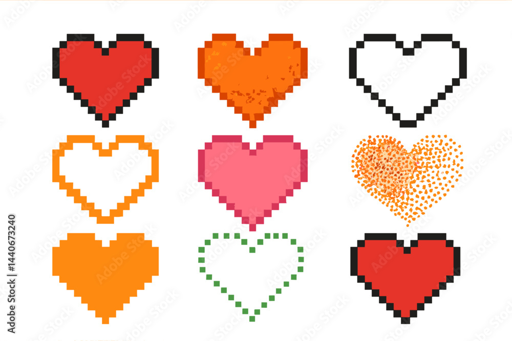 Poster pixel art representation of various heart designs in different colors and styles displayed in a grid