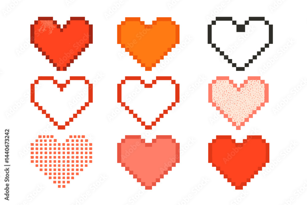Aufkleber different designs of hearts in various colors and styles displayed in a grid arrangement for creativ